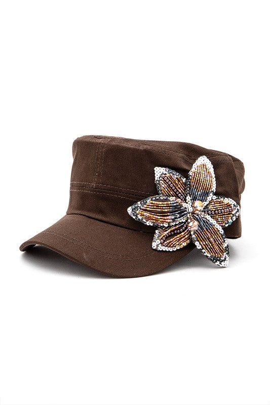 Beaded 3D Flower Cadet Hat Cotton Back Strap Adjustable