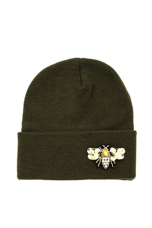 Winter Knit Beanie Acrylic Embellished With Golden Bee