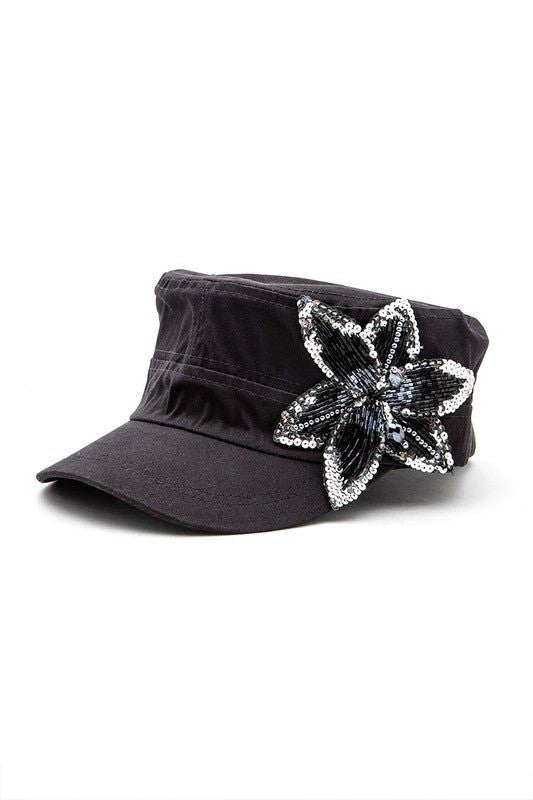 Beaded 3D Flower Cadet Hat Cotton Back Strap Adjustable