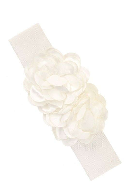 Chiffon Double Flower Charm Elastic Belt Faux Leather