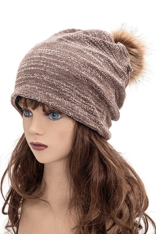 Faux Fur Pom Beanie Cotton Blend Slouchy Style One Size