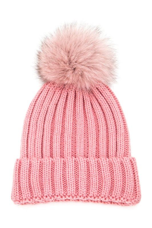 Raccoon Fur Pompom Beanie Acrylic Lined Everyday Winter