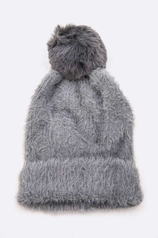 Mohair Beanie with Detachable Faux Fur Pom and Wool