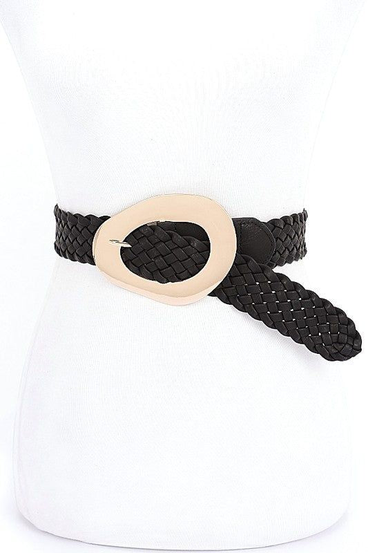 Braided Fashion Belt With Shiny Buckle Polyurethane