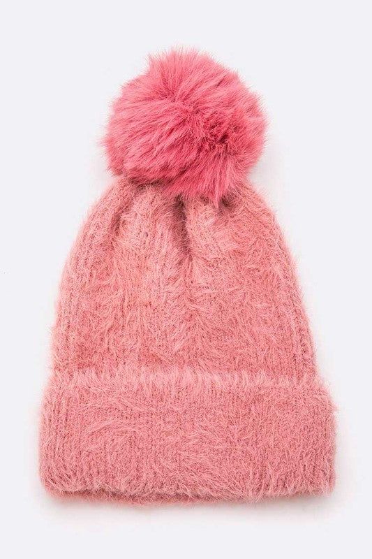 Mohair Beanie with Detachable Faux Fur Pom and Wool