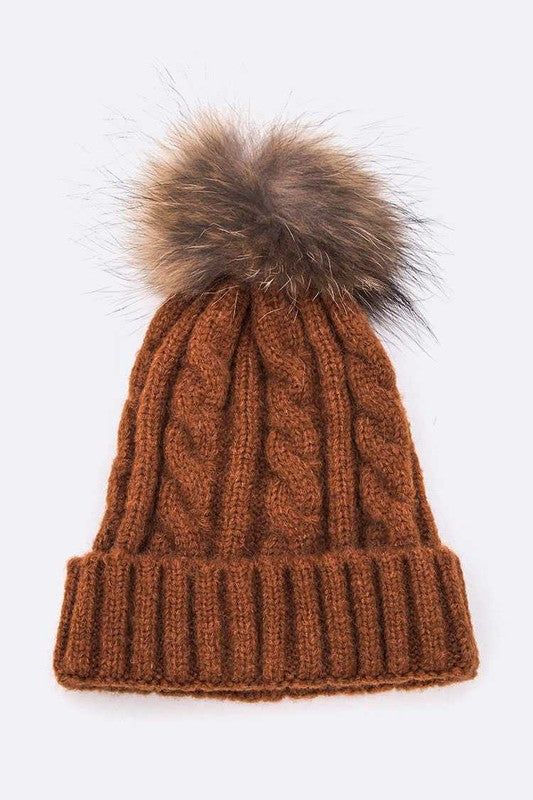 Genuine Fur Pom Beanie Detachable Cable Knit Wool Blend