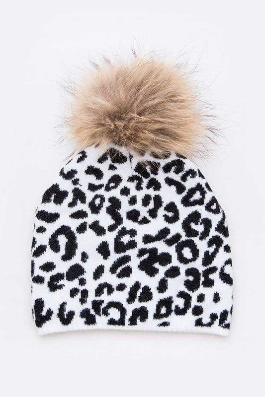 Raccoon Fur Pom Beanie Mix Print Iconic Cozy Detachable Pom