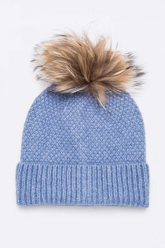 Raccoon Fur Pom Beanie Wool Blend Cozy Winter Style