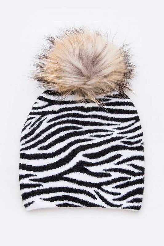 Raccoon Fur Pom Beanie Mix Print Iconic Cozy Detachable Pom