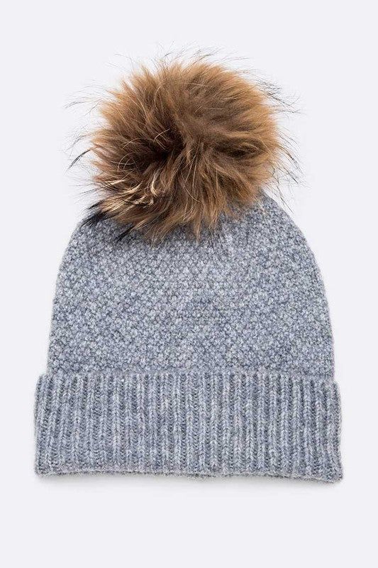 Raccoon Fur Pom Beanie Wool Blend Cozy Winter Style