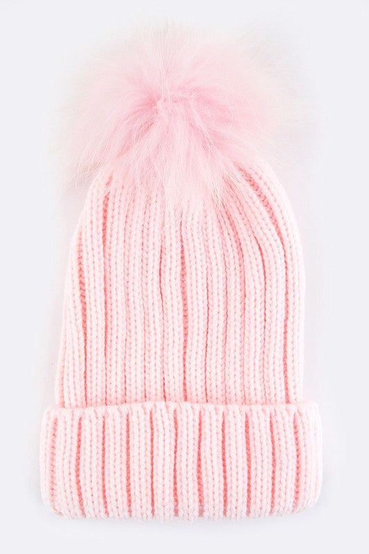 Raccoon Fur Pompom Beanie Acrylic Lined Everyday Winter