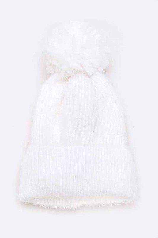 Mohair Beanie with Detachable Faux Fur Pom and Wool