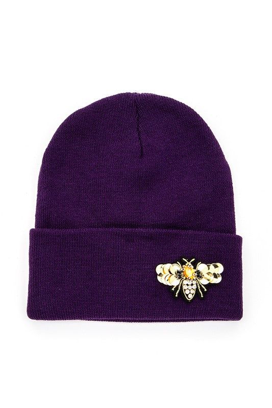 Winter Knit Beanie Acrylic Embellished With Golden Bee