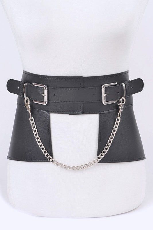 Chain Accent Faux Leather Belt For Skirt Adjustable