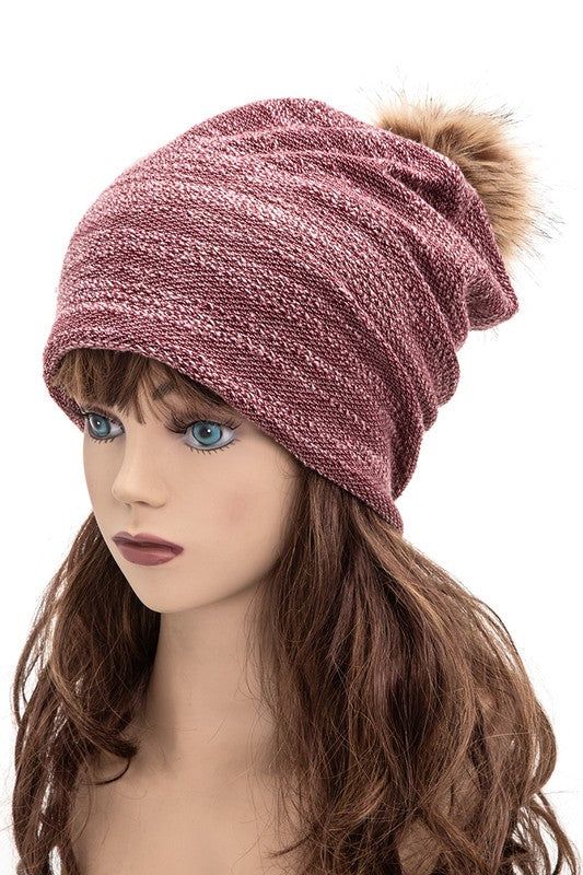 Faux Fur Pom Beanie Cotton Blend Slouchy Style One Size