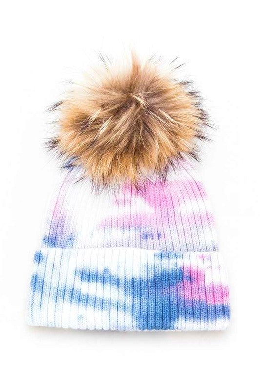 Genuine Raccoon Fur Pom Beanie Tie Dyed Winter Warmth