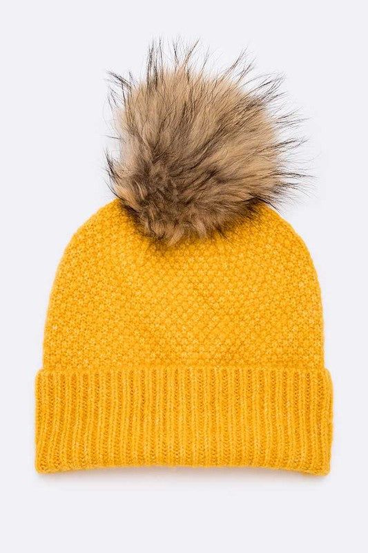 Raccoon Fur Pom Beanie Wool Blend Cozy Winter Style