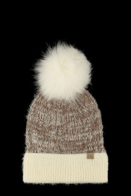 Yarn Beanie Super Soft Cozy Faux Fur Pom Knit Hat Warm