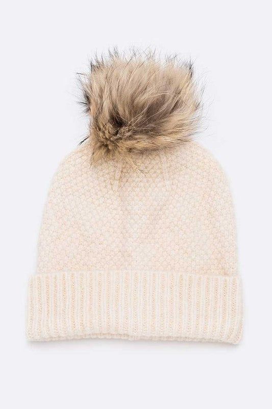 Raccoon Fur Pom Beanie Wool Blend Cozy Winter Style