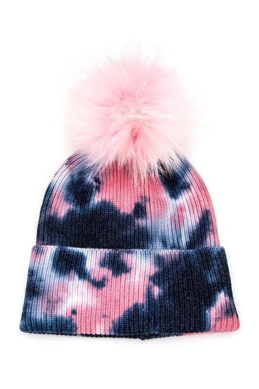 Tie Dye Raccoon Fur Soft Beanie With Detachable Pom