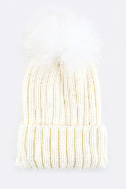 Raccoon Fur Pom Pom Beanie Acrylic Knit Winter Warm