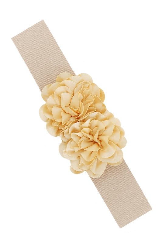 Chiffon Double Flower Charm Elastic Belt Faux Leather
