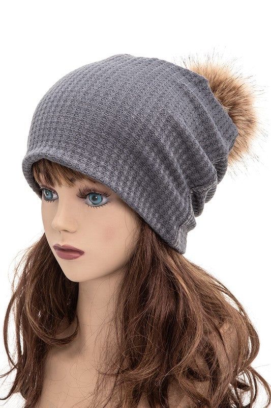 Beanie Slouchy Faux Fur Pom Cotton Winter Cozy Everyday