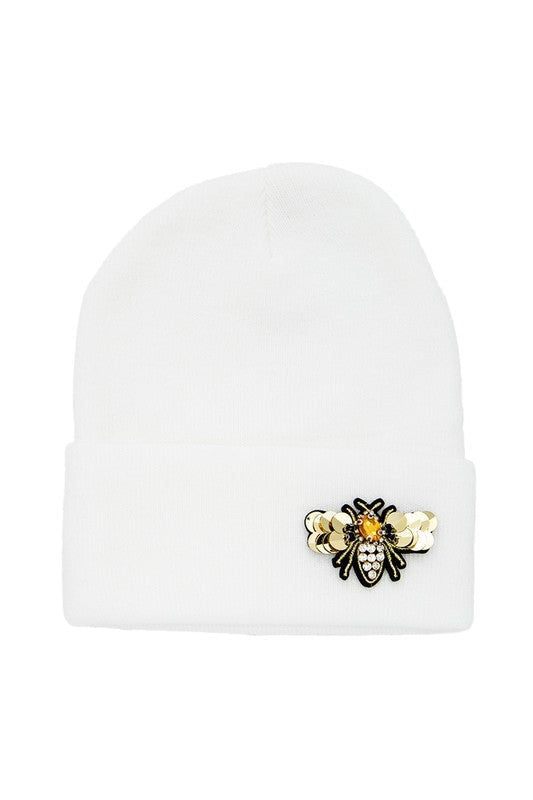 Winter Knit Beanie Acrylic Embellished With Golden Bee