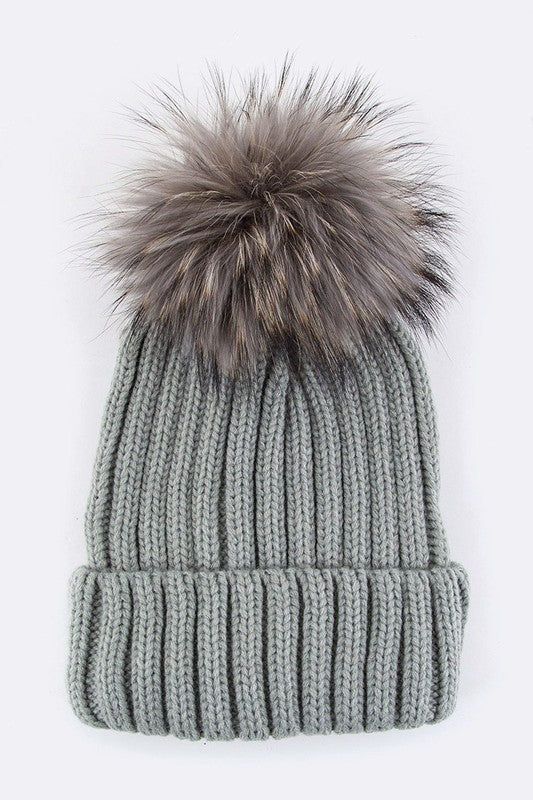 Raccoon Fur Pompom Beanie Acrylic Lined Everyday Winter