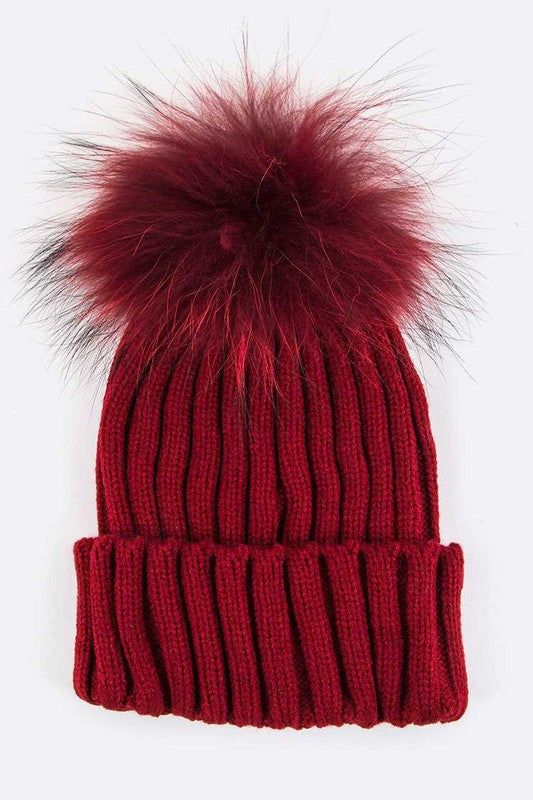 Raccoon Fur Pom Pom Beanie Acrylic Knit Winter Warm