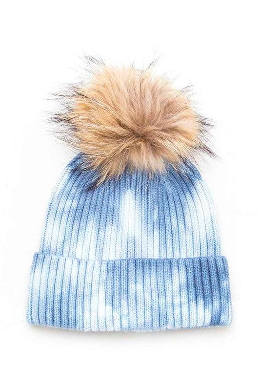 Genuine Raccoon Fur Pom Beanie Tie Dyed Winter Warmth