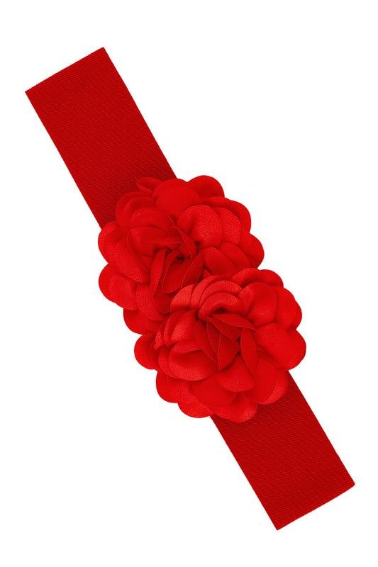 Chiffon Double Flower Charm Elastic Belt Faux Leather