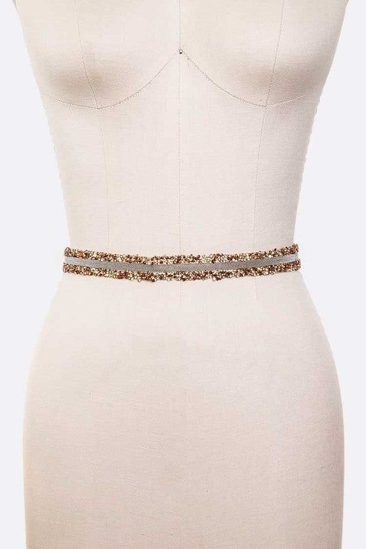 Glitter Rhinestone Skinny Sash Belt Adjustable Metallic