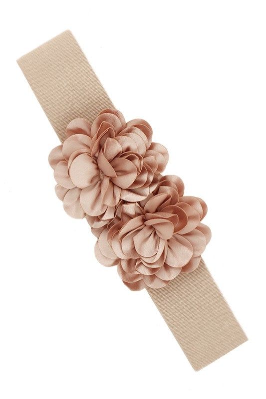 Chiffon Double Flower Charm Elastic Belt Faux Leather