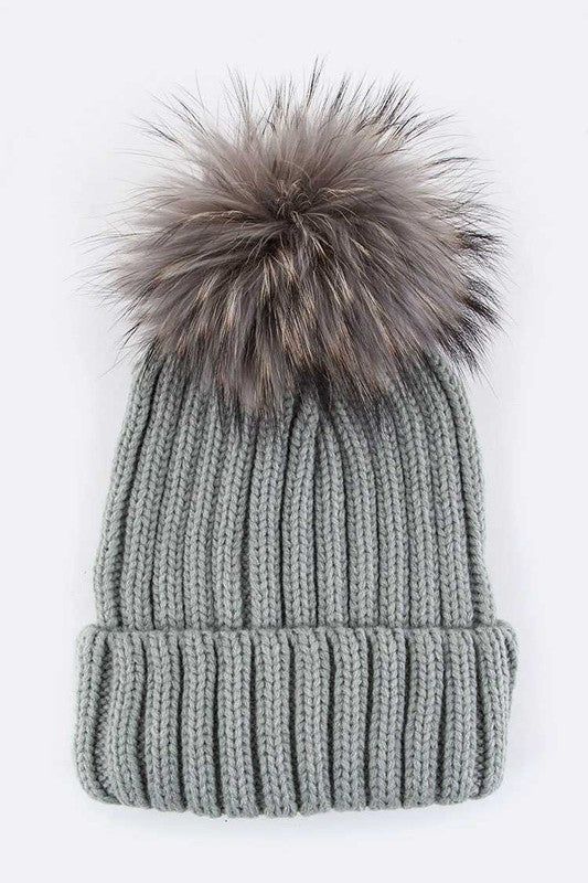 Raccoon Fur Pom Pom Beanie Acrylic Knit Winter Warm