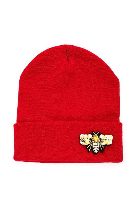 Winter Knit Beanie Acrylic Embellished With Golden Bee