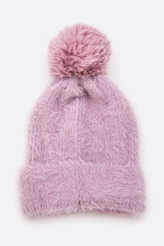 Mohair Beanie with Detachable Faux Fur Pom and Wool
