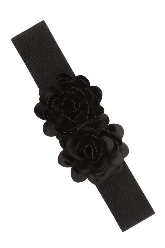 Chiffon Double Flower Charm Elastic Belt Faux Leather