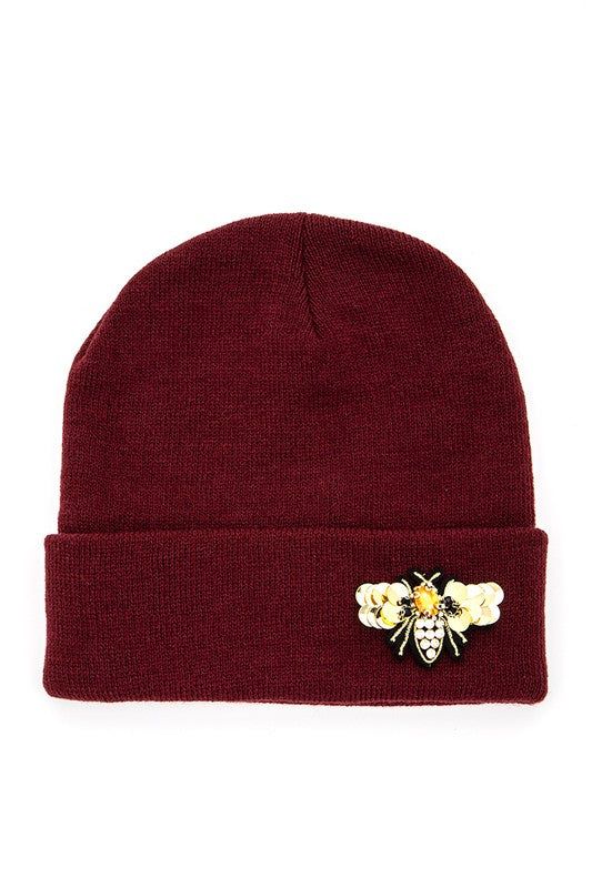 Winter Knit Beanie Acrylic Embellished With Golden Bee