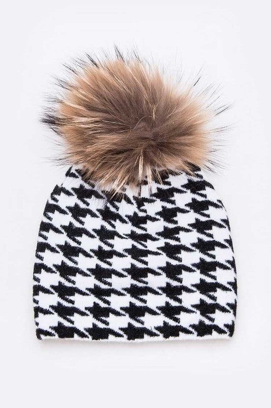 Raccoon Fur Pom Beanie Mix Print Iconic Cozy Detachable Pom