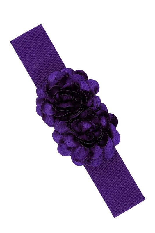 Chiffon Double Flower Charm Elastic Belt Faux Leather