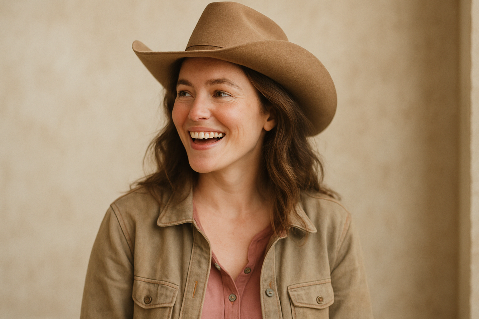 woman wearing cowboy hat, happy and not looking at camera. Use light tones (browns, tans, neutral) with hints of color