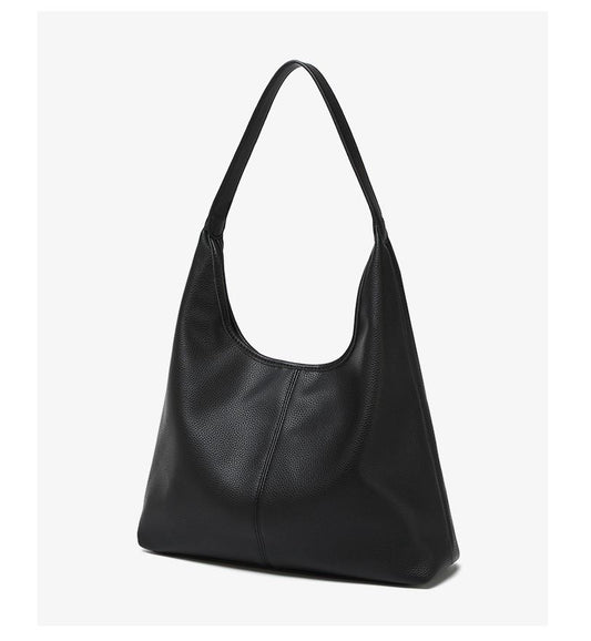 Black pebbled leather tote bag with a single shoulder strap; retro-inspired, large-capacity cross-border style.