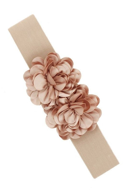 Chiffon Double Flower Charm Elastic Belt Faux Leather