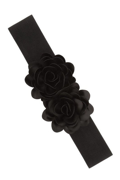 Chiffon Double Flower Charm Elastic Belt Faux Leather